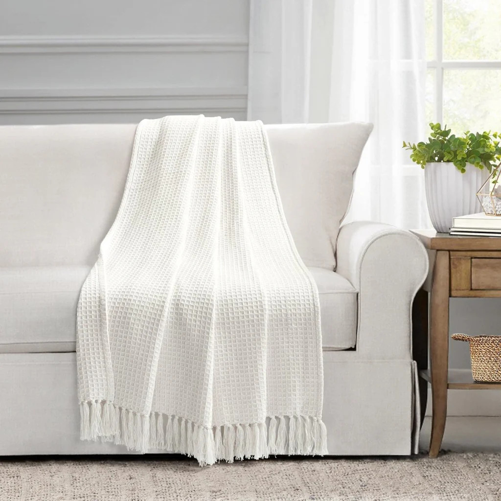 Waffle Cotton Knit Tassel Fringe Throw | Lush Decor