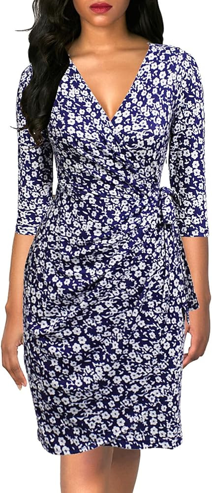 Berydress Women's Classic 3/4 Sleeve V Neck Sheath Casual Party Work Faux Black Wrap Dress | Amazon (US)