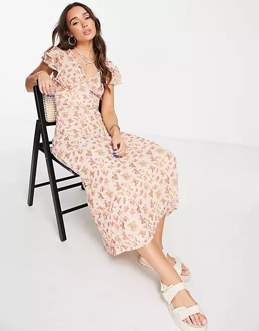 ASOS DESIGN short sleeve frill detail maxi dress in peach floral | ASOS (Global)