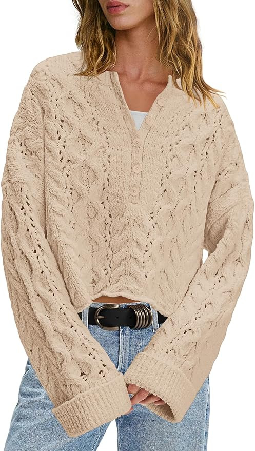 LAMISSCHE Cable Knit Sweater Women Cropped Sweaters Oversized Fall Sweaters Long Sleeve Half Butt... | Amazon (US)