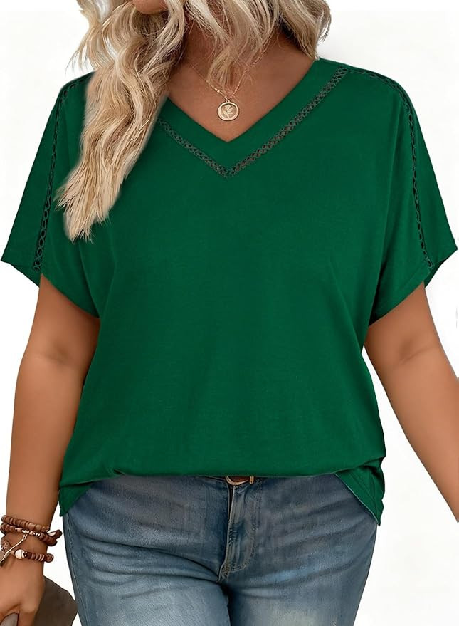 Eytino Womens Plus Size Tops V Neck Short Sleeve Casual Loose Blouses Hollow Out Summer Shirts(1X... | Amazon (US)