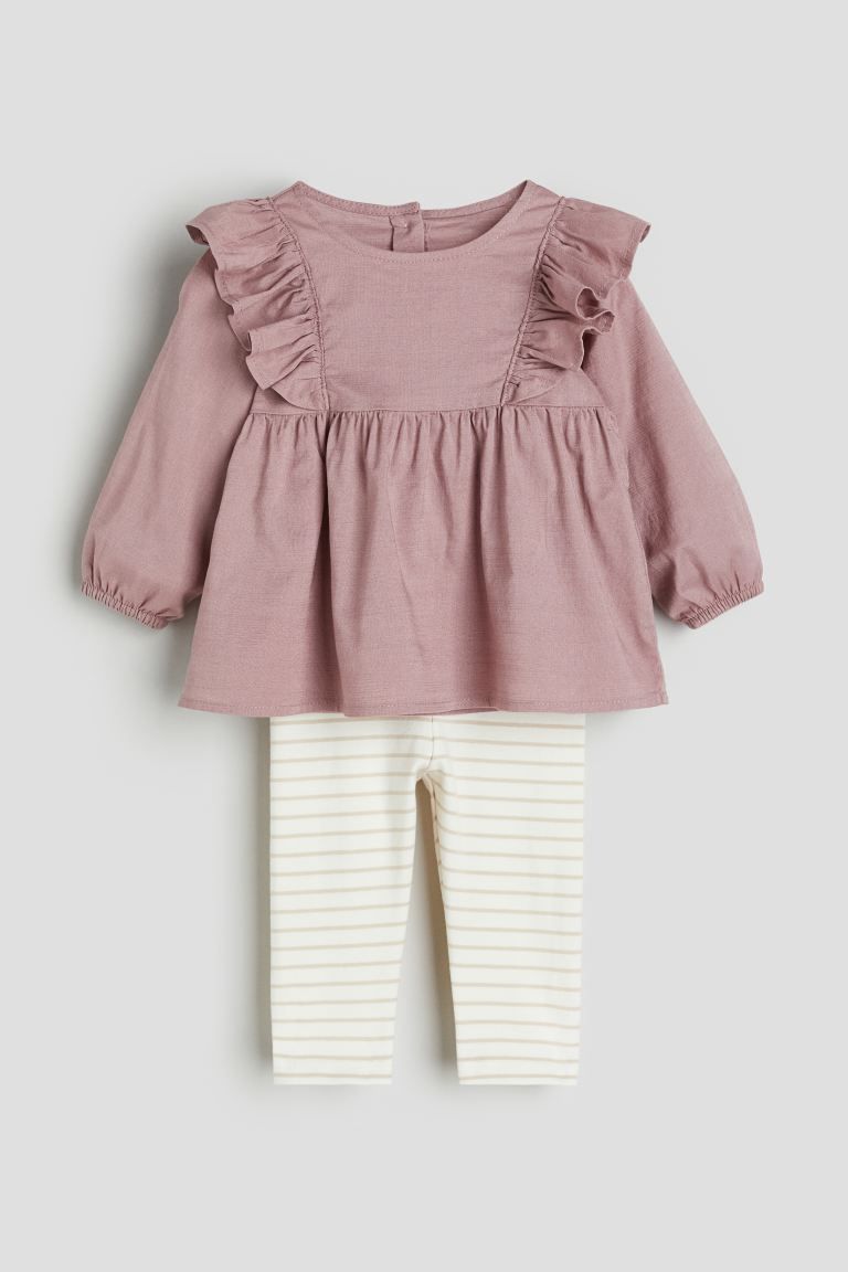 2-piece Blouse and Leggings Set - Dusty pink/striped - Kids | H&M US | H&M (US + CA)