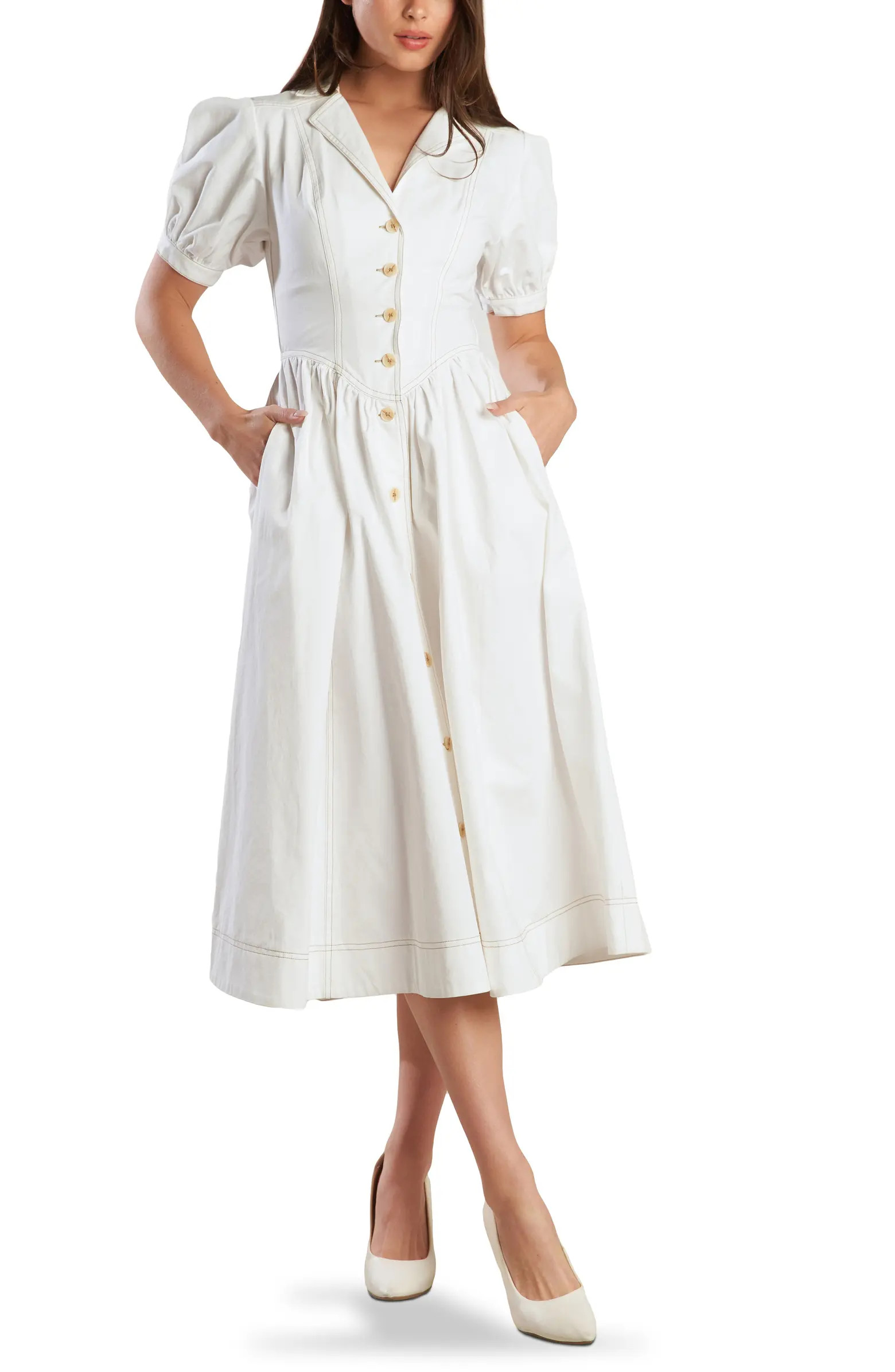 FREEMARKET Puff Sleeve Flared Denim Midi Shirtdress | Nordstrom | Nordstrom