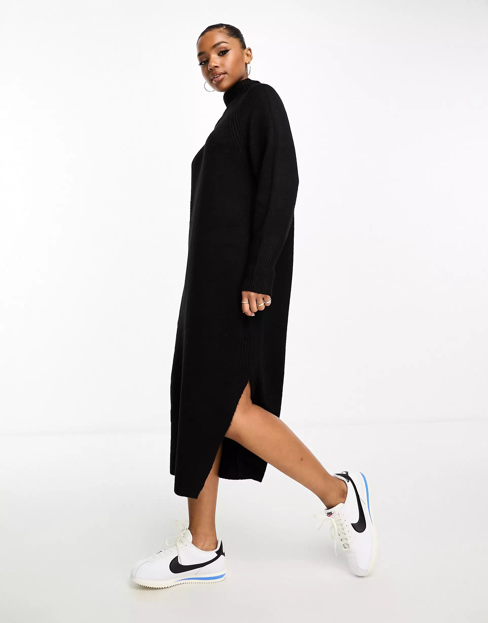 ASOS DESIGN knitted oversized midi dress with high neck in black | ASOS (Global)
