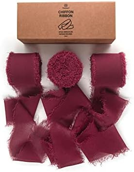 Vitalizart Burgundy Handmade Chiffon silk Ribbon with Fringe  3 Rolls 1.5" x 21Yd in Total Edged ... | Amazon (US)