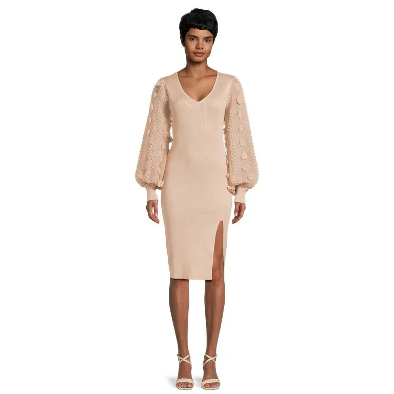 No Boundaries Juniors V-Neck Midi Dress with Long Sleeves, Sizes XS-3XL - Walmart.com | Walmart (US)