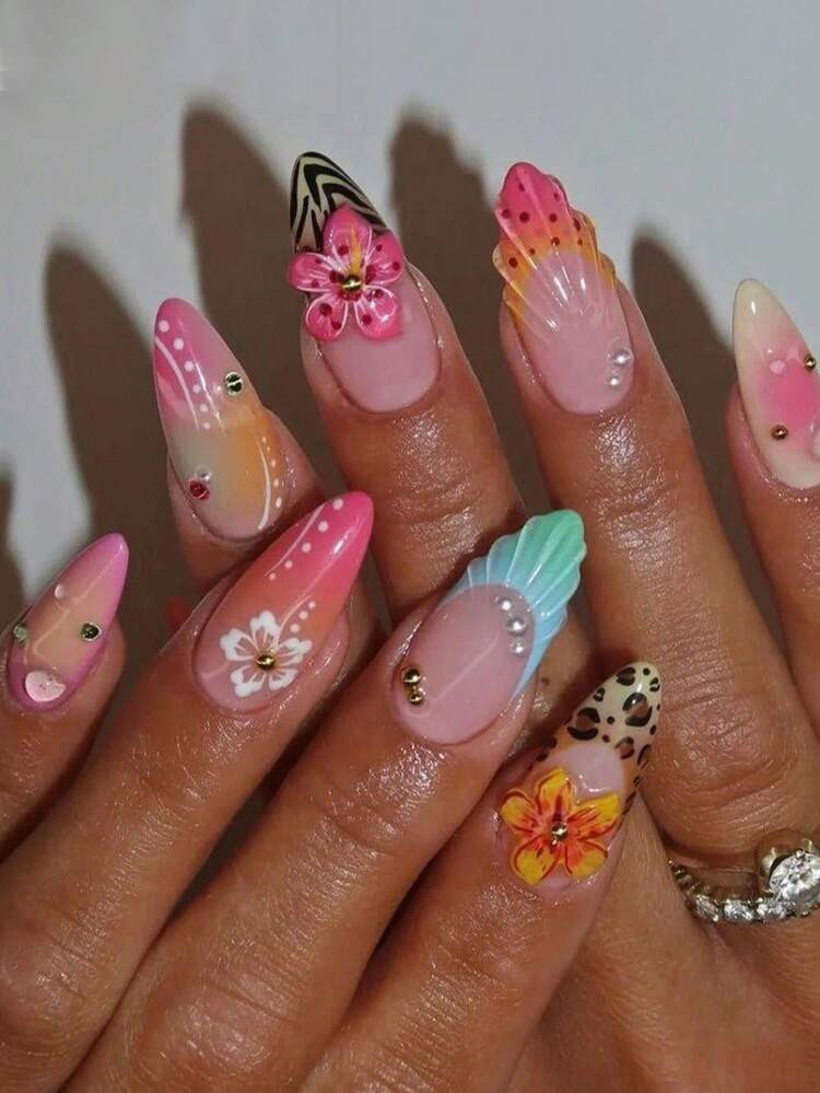 24Pcs/Set Y2K Almond Shaped Press-On Nails, Multicolor 3D Flower Water Drop Shell French Ombre Dotted Design, Ideal For Girls/Ladies Summer Vacation, Beach, Music Festival, Daily Wear Nail Supplies Nails | SHEIN