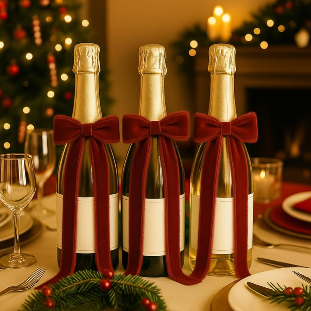 Red 12 Pcs Christmas Wine Bottle Covers Red Velvet Bows 3.9 x 7.9 Inch Vintage Wine Bottle Topper... | Amazon (US)