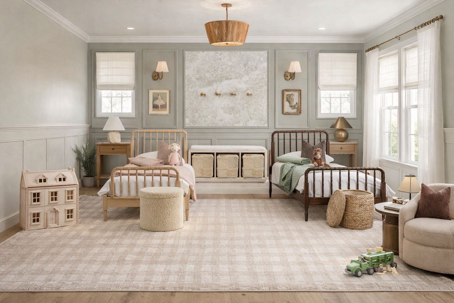 This shared kids bedroom is the perfect example of how to design a boy and girl room that feels cohesive, calm, and timeless 🤍 Keeping the walls all one soft neutral color allows the pink and green accents to shine without overwhelming the space. Matching twin beds, classic wainscoting, and a smaller area rug placed just under each bed help define their zones while keeping the room open and functional. Layered textures, light wood furniture, woven storage, and neutral decor make this shared bedroom both beautiful and practical for growing kids. Save this for shared bedroom inspiration, gender-neutral kids rooms, and modern traditional kids decor.