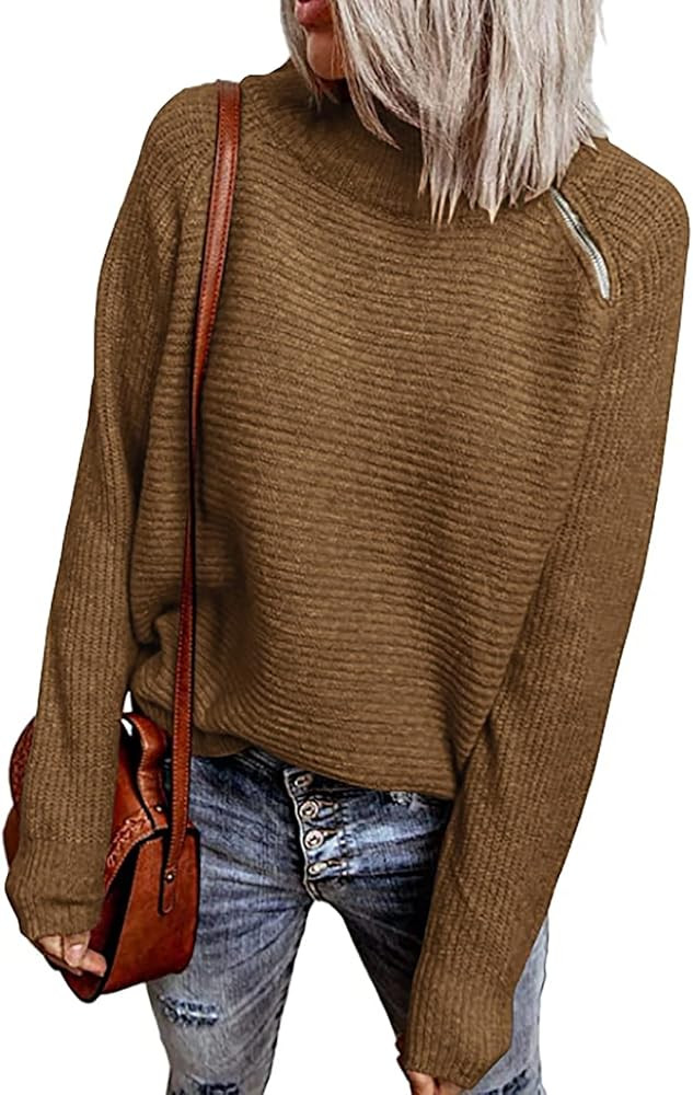 BTFBM Women Casual Long Sleeve Turtleneck Sweaters Oblique Quarter Zip Solid Color Cute Knit Ribb... | Amazon (US)