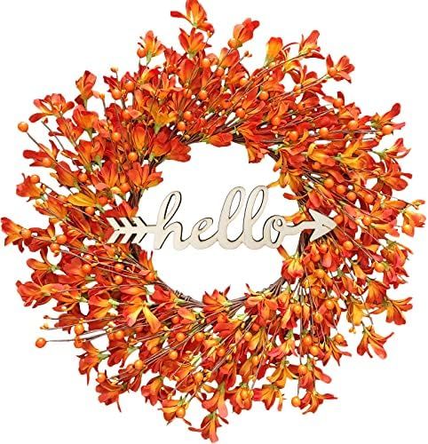 Fall Wreaths for Front Door, TOKCARE 22 Inch Orange Forsythia Outdoor Door Wreath with Berries Ga... | Amazon (US)