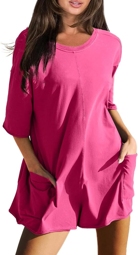 Glamaker Women's Summer Oversized Tee Romper Casual Workout Athletic Romper Onesie Backless Loose... | Amazon (US)