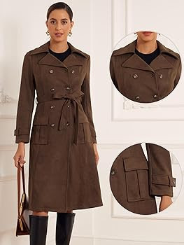 Allegra K Faux Suede Trench Coat for Women's Notched Lapel Double Breasted Belted Long Sleeve Coa... | Amazon (US)