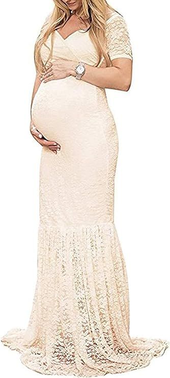 ZIUMUDY Womens Off Shoulder Short Sleeve V Neck Lace Maternity Gown Maxi Photography Dress | Amazon (US)