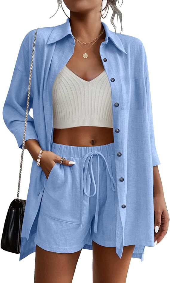 Beyove Conjunto de ropa de algodón y lino para mujer, casual, con botones, manga 3/4, con cordó... | Amazon (US)