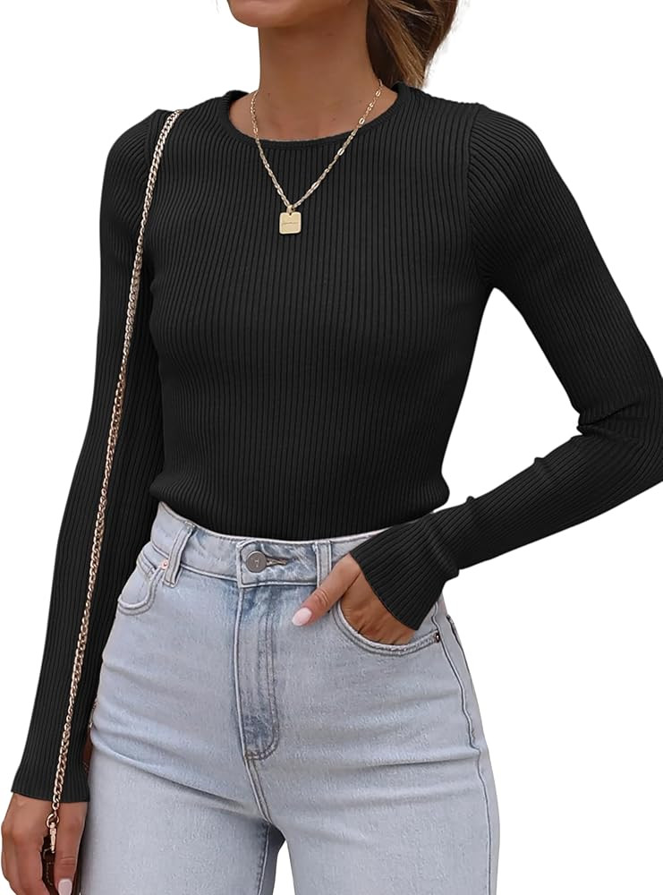 ATHMILE Womens Ribbed Knit T Shirt Casual Crewneck Tops Short Sleeve/Long Sleeve Sweaters Slim Fi... | Amazon (US)