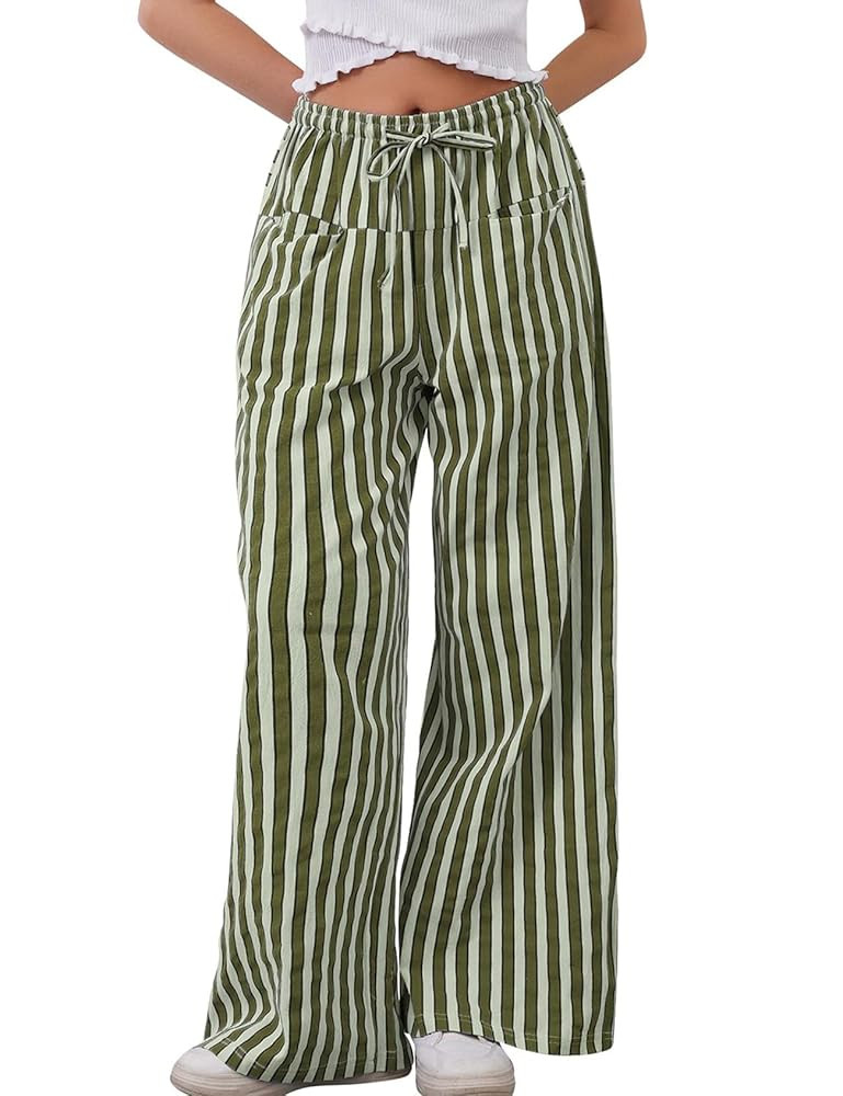Kissonic Women Striped Pants Casual Drawstring Wide Leg Trousers Loose Lounge Pajama Pants with P... | Amazon (US)