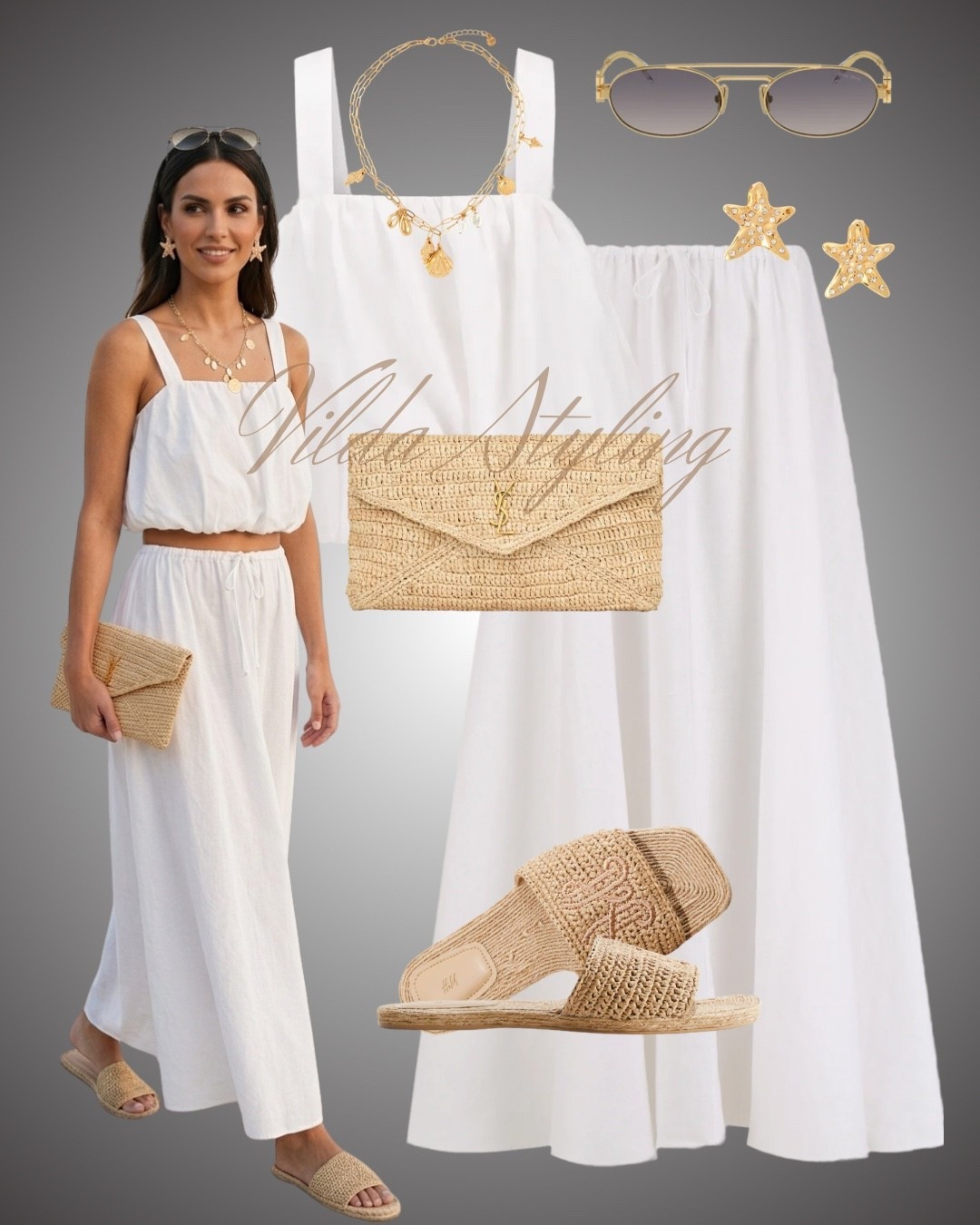 Dropping my favorite beach-to-dinner outfit. This airy two-piece set pairs perfectly with woven slides and gold star details. Ready for sunset dinners and seaside walks. 🥂🐚

#LTKsummer #LTKstyletip #LTKpartywear