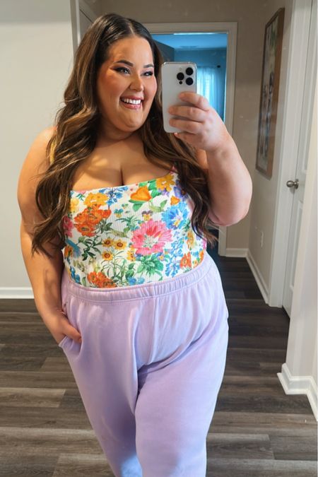 Using my one piece swimsuit as a bodysuit! This print is PERFECT for this and the joggers are a 1000/10 for comfort  Wearing an xxl in both pieces shown! 💜

#LTKswim #LTKplussize #LTKstyletip