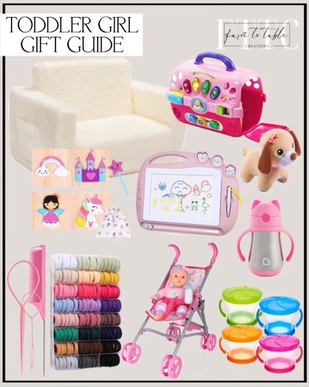 Toddler Girl Gift Guide. Follow @farmtotablecreations on Instagram for more inspiration. Toddler girl gift guide. Alimordern 2-in-1 Flip Out Cuddly Sherpa Kids Couch, Convertible Sofa to Lounger, Cream. VTech Care for Me Learning Carrier, Pink. AiTuiTui Magnetic Drawing Board Toddler Toys for Girl Gifts, Erasable Doodle Etch Sketching Writing Pad Travel Games for Kids in Car, Early Education Learning Skill Development Toys for Toddlers. Munchkin® Cool Cat™ Toddler Sippy Cup with Straw Cup, 8 Ounce, Stainless Steel, Pink. Munchkin® Snack Catcher®, 9 Ounce, 4-Count. DREAM COLLECTION 12' Baby Doll Care Gift Set with Stroller, Pink. Princess Jigsaw Puzzle and Wand Set - Storage Bag Included - Rainbow, Unicorn and Castle Set - Puzzle for Toddlers 1-3. Baby Hair Ties, 24 Colors Small Ponytail Holders with Styling Tools, Small Seamless Cotton Hair Ties with Clear Organizer Box, Toddle Hair Ties for Kids Baby, Christmas Birthday Gifts for Girls. Toddler Girl Christmas Gift. 

#LTKsalealert #LTKkids #LTKGiftGuide