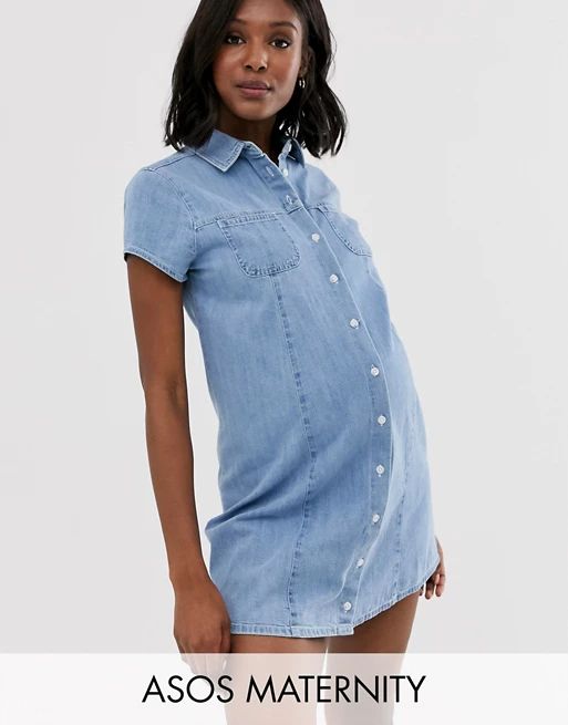 ASOS DESIGN Maternity soft denim short sleeve shirt dress midwash blue | ASOS US