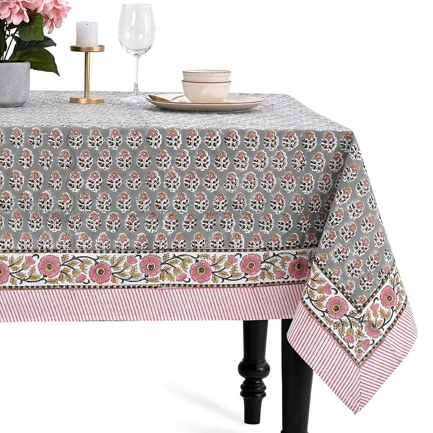 CPC Tablecloth 100% Cotton 70x108 Inch Indian Block Print Rectangle Table Cover, Gray Table Cloth... | Amazon (US)