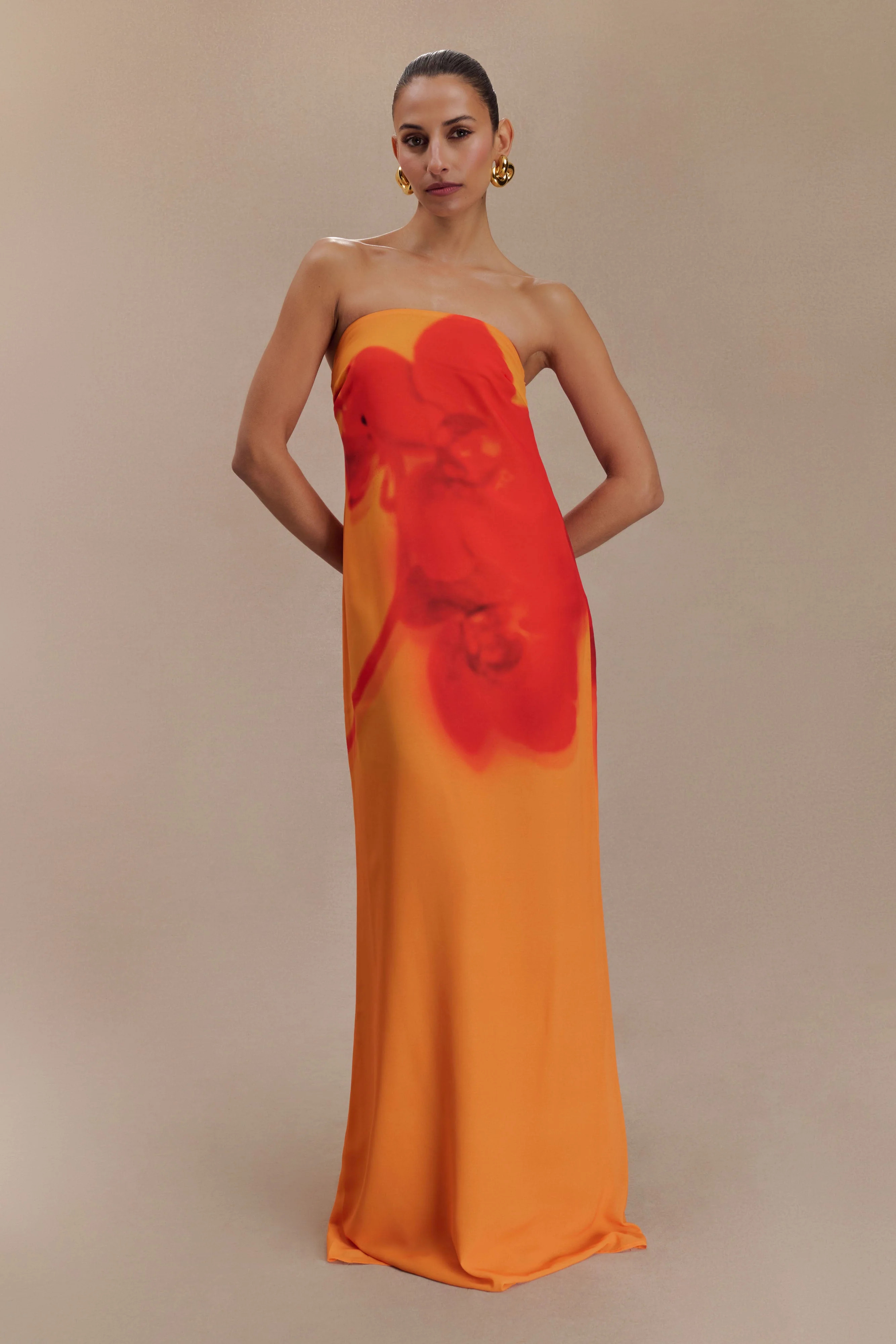 Amaya Strapless Chiffon Maxi Dress - Koi Orchid Print | MESHKI US
