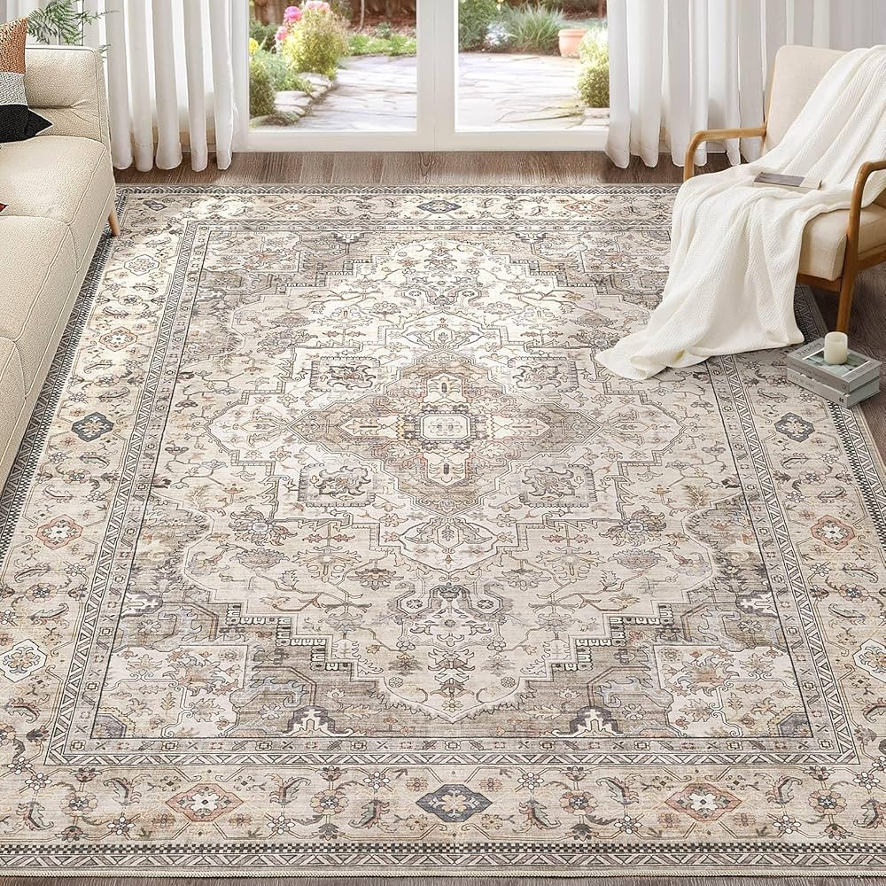 Washable Area Rugs for Living Room - 9x12 Neutral Vintage Distressed Floral Farmhouse Boho Large ... | Amazon (US)