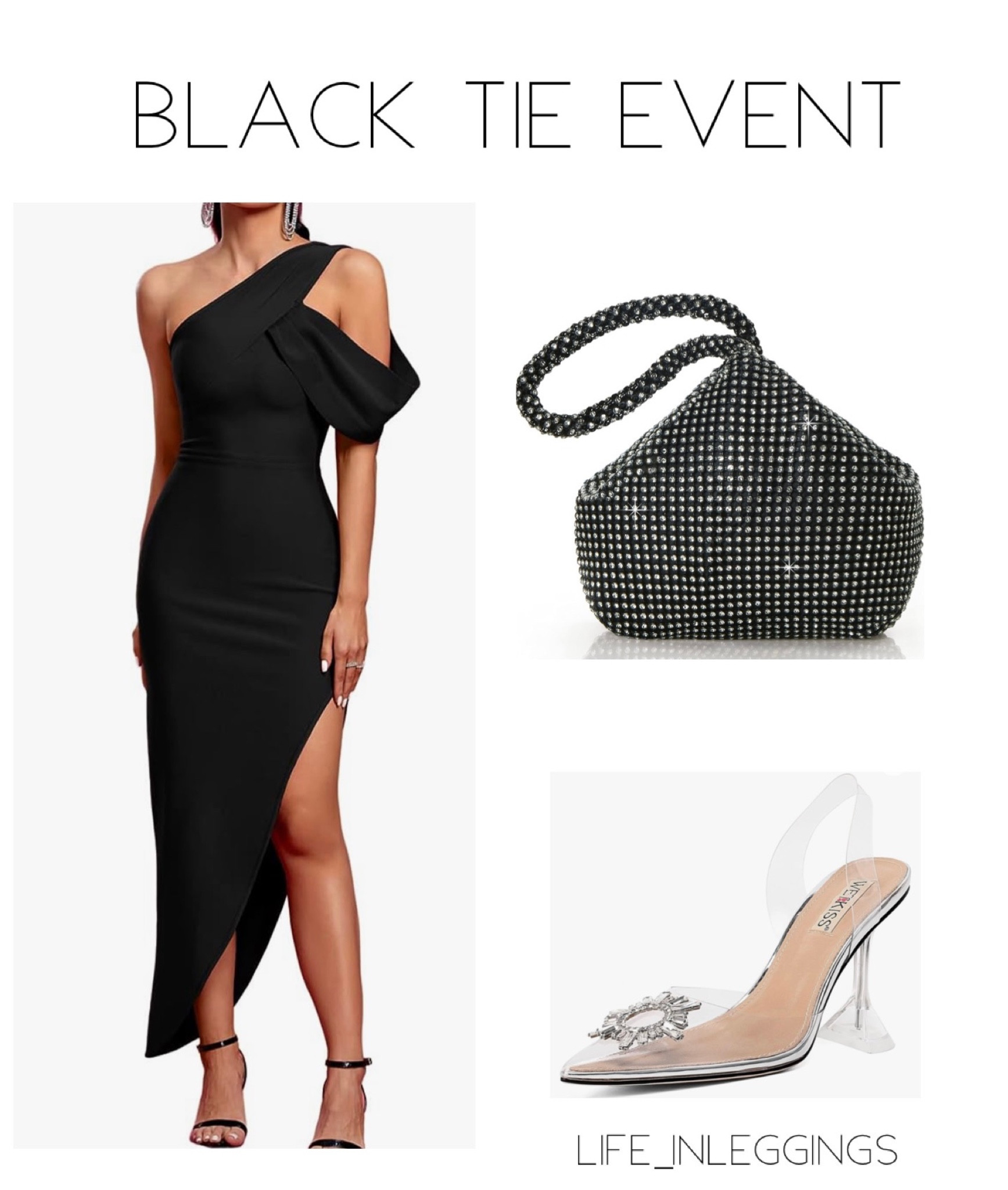 Black tie outfit idea. Black dress, formal dress, wedding guest dress, clear heels, high heels, purse, handbag

#LTKwedding #LTKfindsunder100
