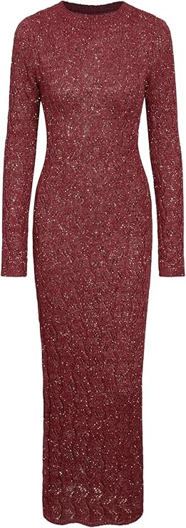 CIDER Long Sleeve Dress for Women - Maxi Dress Crew Neck Knitted Bodycon Hollow Fall Dresses for ... | Amazon (US)