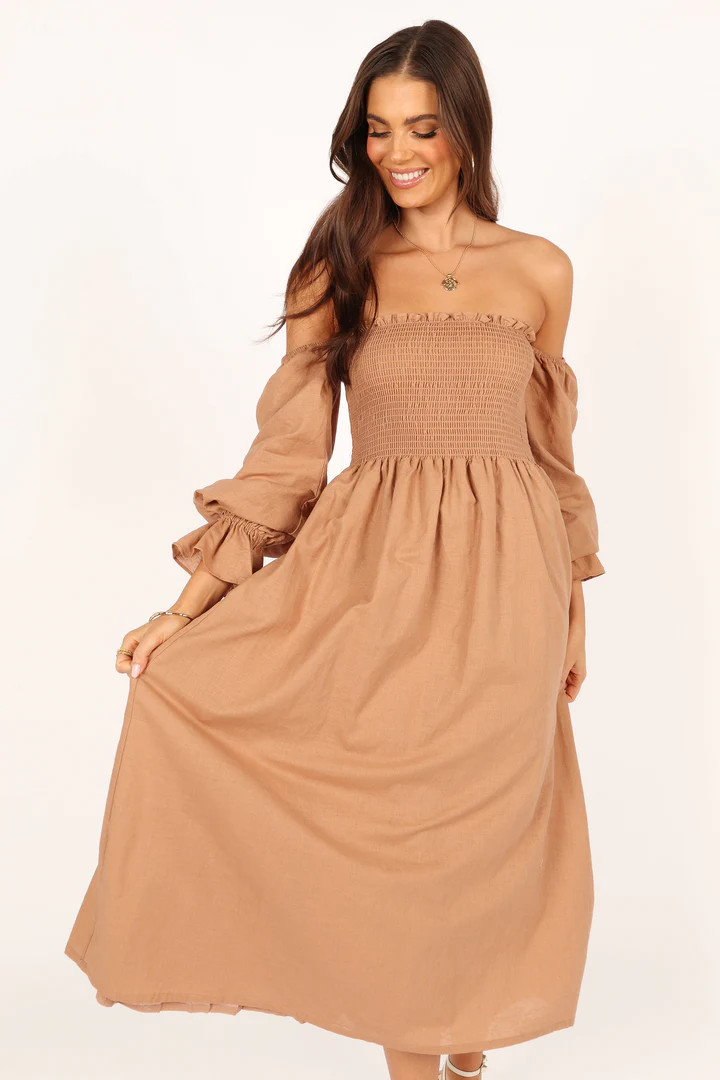 Domenica Shirred Long Sleeve Midi Dress - Tan | Petal & Pup (AU)