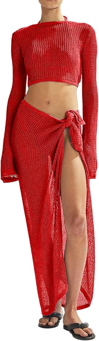 Women's Swimsuits Cover Ups Set for Crochet Bathing Suit Hollow Out 2 Piece Bikini Coverup Beach ... | Amazon (US)