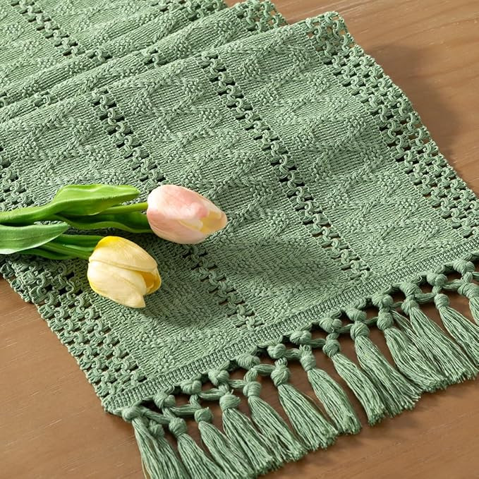 Socomi Sage Green Boho Table Runner Easter Spring Farmhouse Rustic Dining Kitchen Centerpiece Dec... | Amazon (US)