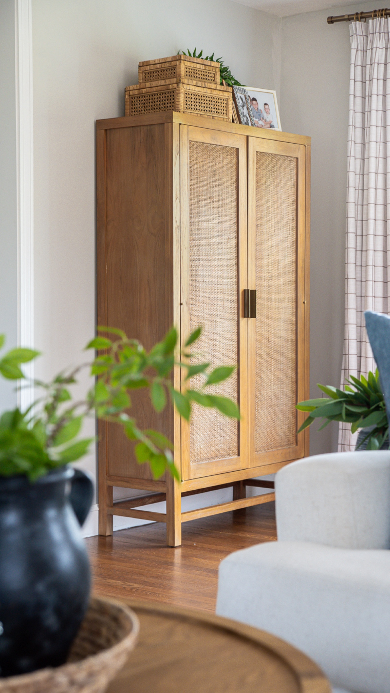 Coastal style living room, large cabinet, rattan and wood, artificial plants and ceramic vase

#LTKHome #LTKFamily