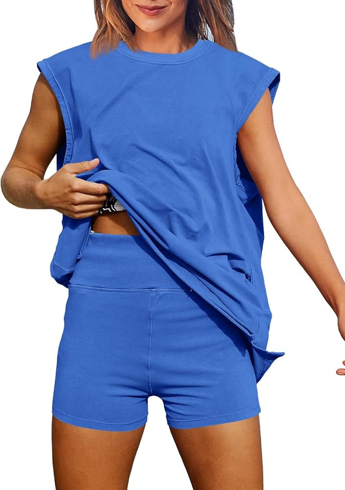 Fisoew Womens Summer 2 Piece Outfits Casual Short Sleeve Slit Tunic Tops High Waisted Shorts Work... | Amazon (US)