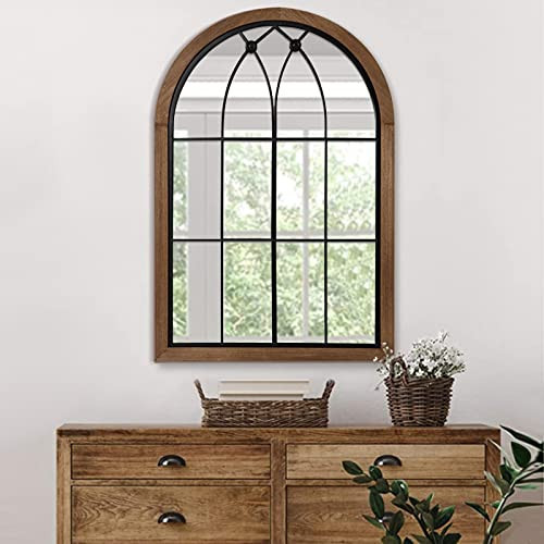 blue page 36x24 Inch Arched Wall Mirror, Rustic Wood Framed Farmhouse Mirror with Window Pane Design for Entryway, Bathroom and Living Room Decor, Window Brown | Amazon (US)