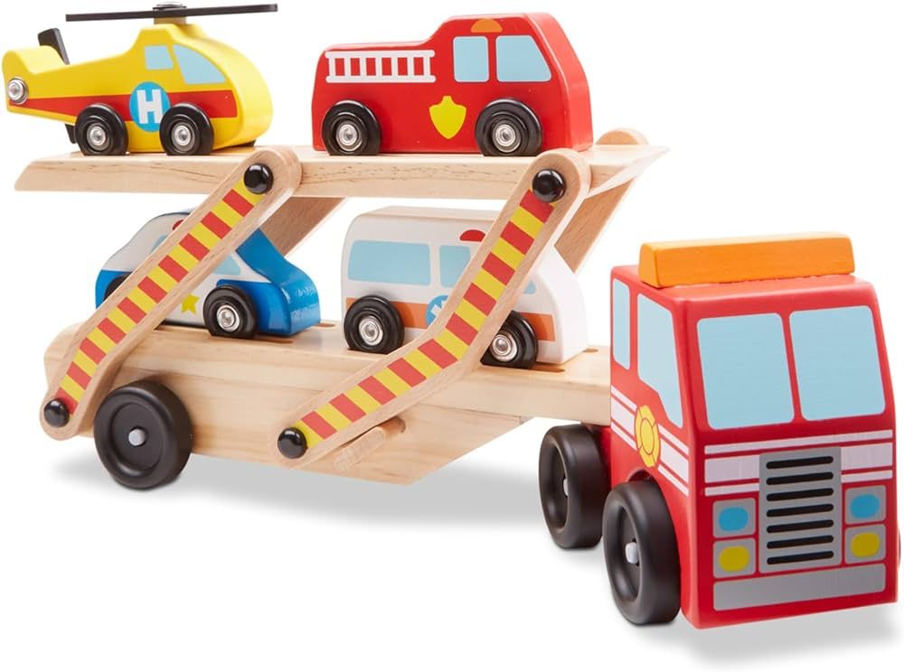 Melissa & Doug Wooden Emergency Vehicle Carrier Truck With 1 Truck and 4 Rescue Vehicles | Amazon (US)
