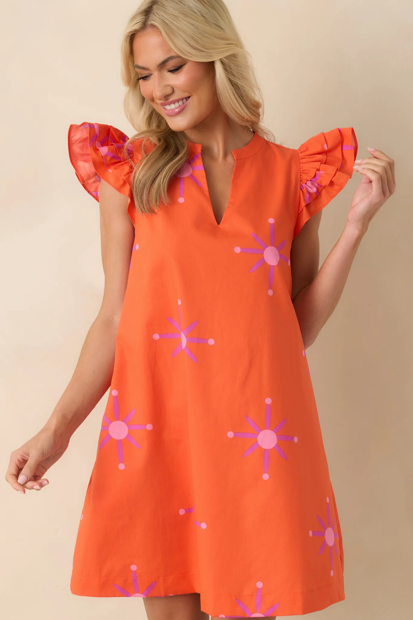 A Gentle Life Orange Floral Cotton Flutter Sleeve Mini Dress | Red Dress