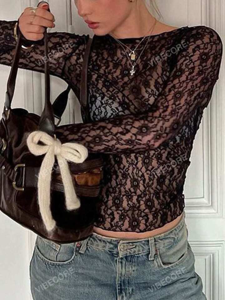 Top d'été élégant et sexy à manches longues avec motif floral en dentelle pour femmes, idéa... | SHEIN