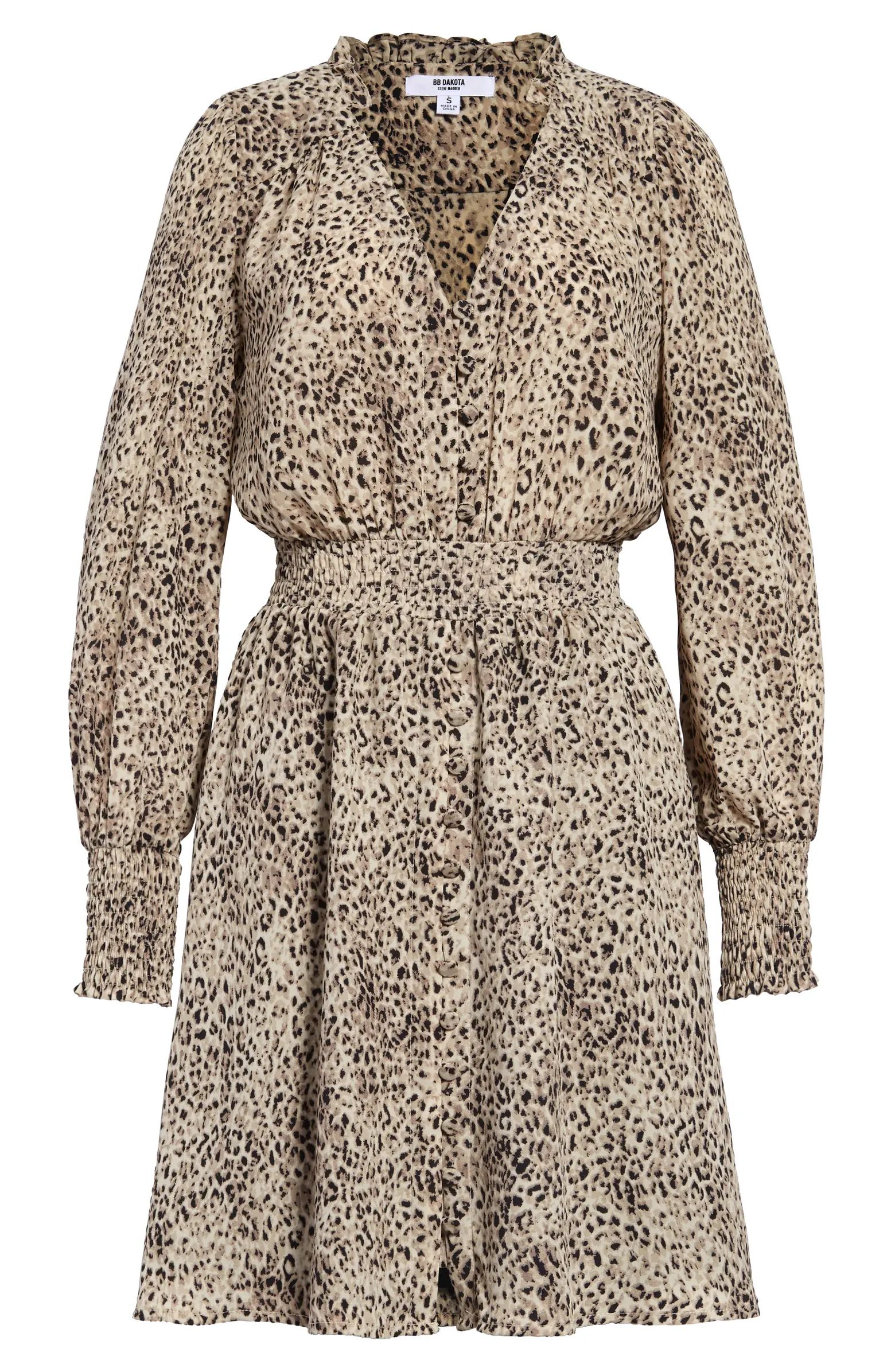Leopard Print Smocked Long Sleeve Minidress | Nordstrom