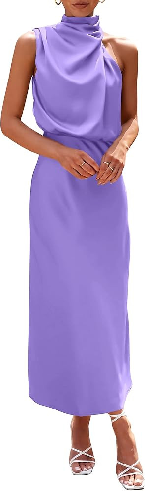 PRETTYGARDEN Women's 2024 Summer Satin Dress Elegant Sleeveless Mock Neck Cocktail Party Maxi Dre... | Amazon (US)