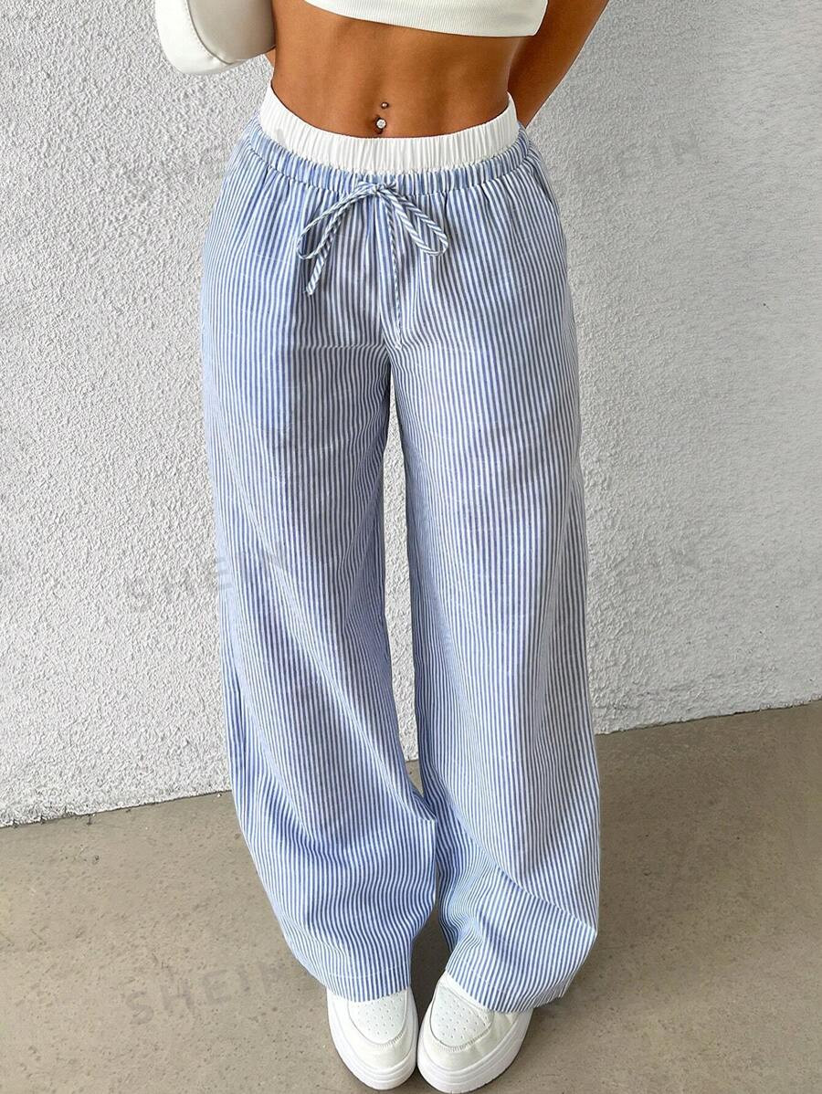 SHEIN EZwear Women's Casual Blue Striped Woven Wide Leg Pants With Loose Fit | SHEIN