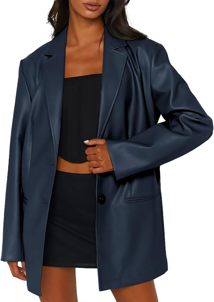 Womens Leather Jacket Long Sleeve Button Down Shacket Jacket Faux PU Leather Blazer Jackets Coat | Amazon (US)