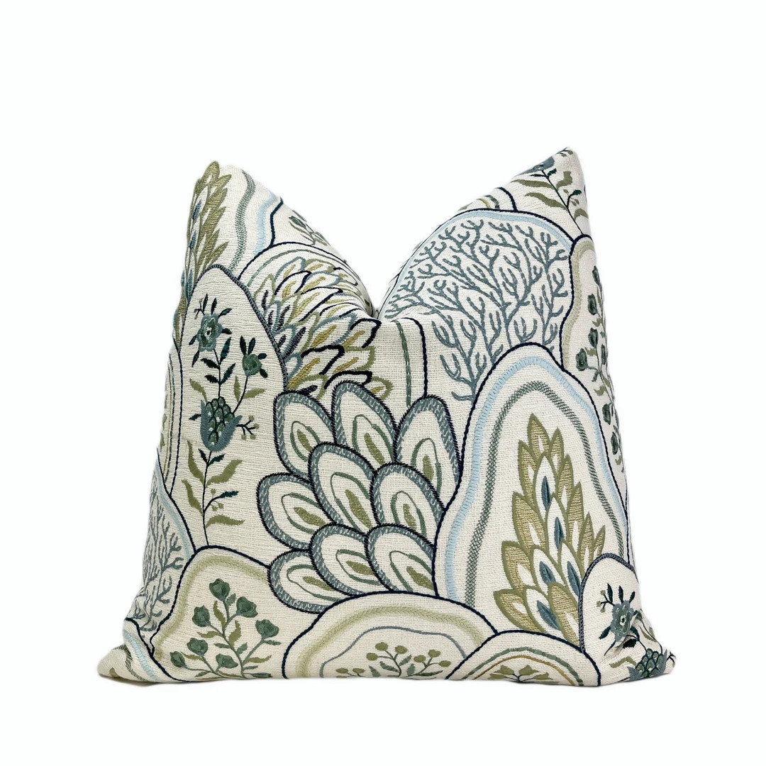 Cream, Blue, Sage Embroidered Throw Pillow Cover | Coastal Decorative Pillow | Couch Pillow | 18x... | Etsy (US)
