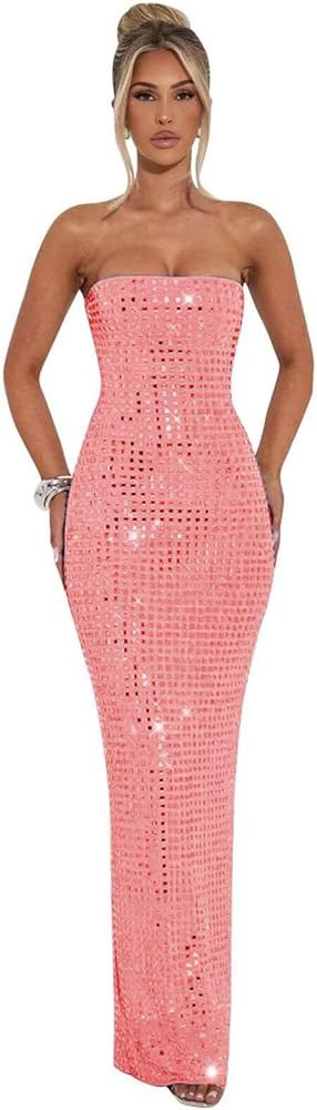 Sexy Sequin Strapless Prom Dresses Long Sparkly Bodycon Formal Maxi Dress Cocktail Evening Party ... | Amazon (US)