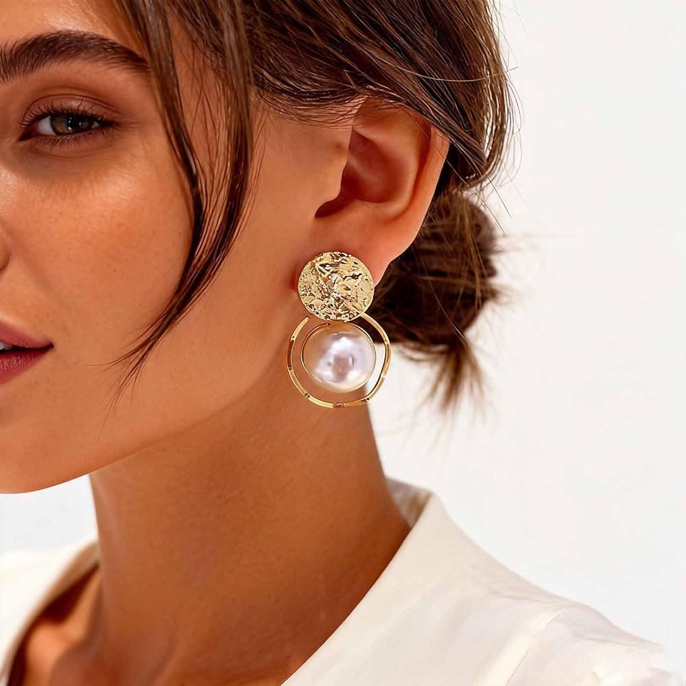 Bohemia Big Pearl Drop Earring Gold White Pearl Stud Earring Metal Circle Pearls Dangle Earrings Hammered Disc Earrings Jewelry for Women | Amazon (US)