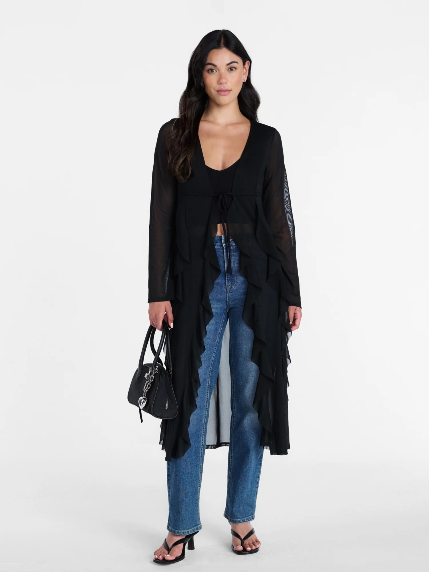 Madden NYC Women\u2019s Ruffle Sheer Tie Front Duster with Long Sleeves, Sizes XXS-XXL | Walmart (US)