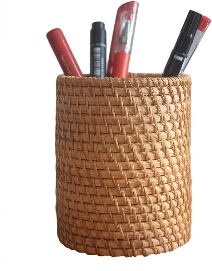 Handmade makeup brush holder，Pencil Holder for desk, Rattan Pen Cup(Cylinder) | Amazon (US)