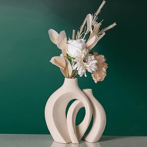 Levvohd White Hollow Ceramic Vase Set of 2, Round Modern Vase for Nordic Minimalist Style Decor, ... | Amazon (US)