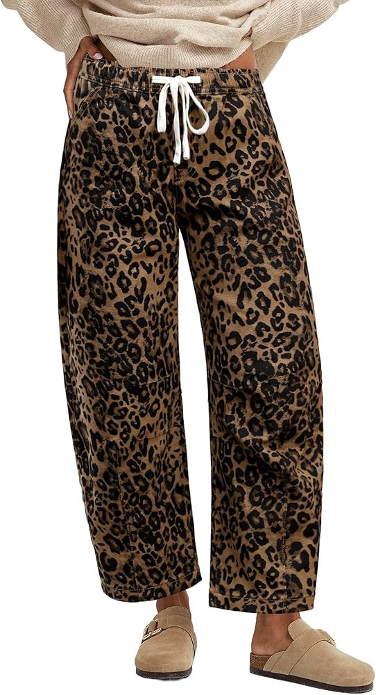 GRAPENT Barrel Jeans for Women Trendy High Waisted Pull On Wide Leg Cropped Leopard Cheetah Print... | Amazon (US)